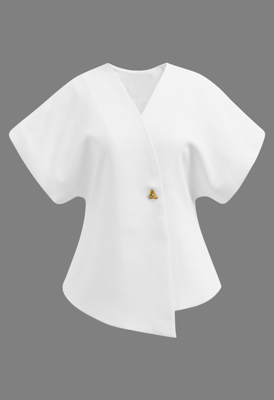 Triangle Button V-Neck Batwing Sleeve Top in White