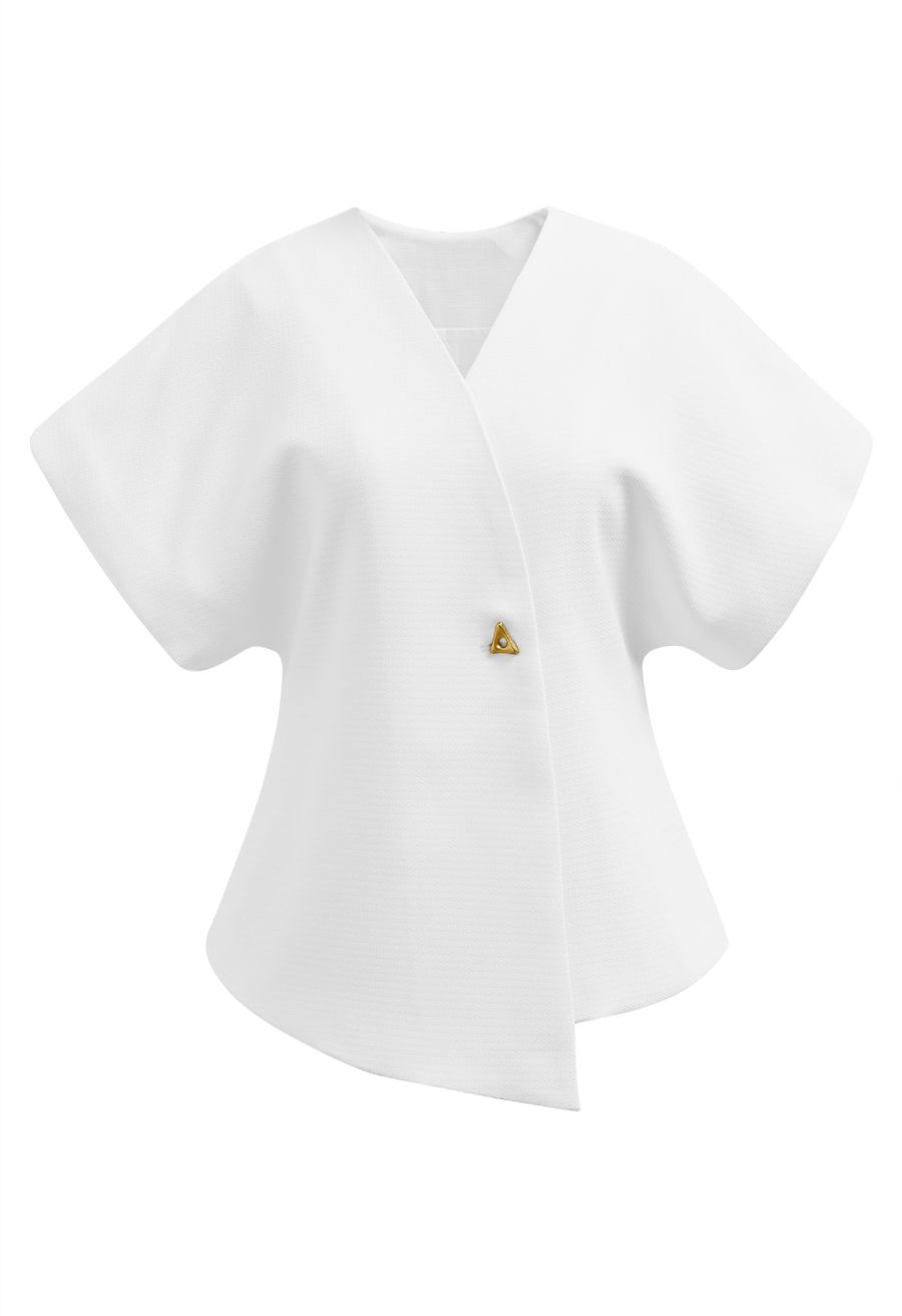 Triangle Button V-Neck Batwing Sleeve Top in White