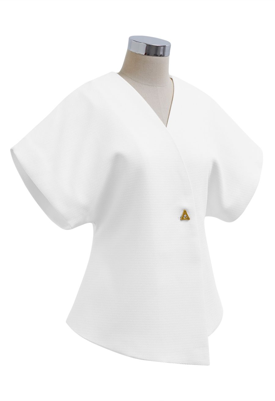 Triangle Button V-Neck Batwing Sleeve Top in White