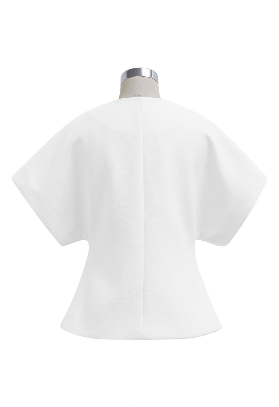 Triangle Button V-Neck Batwing Sleeve Top in White