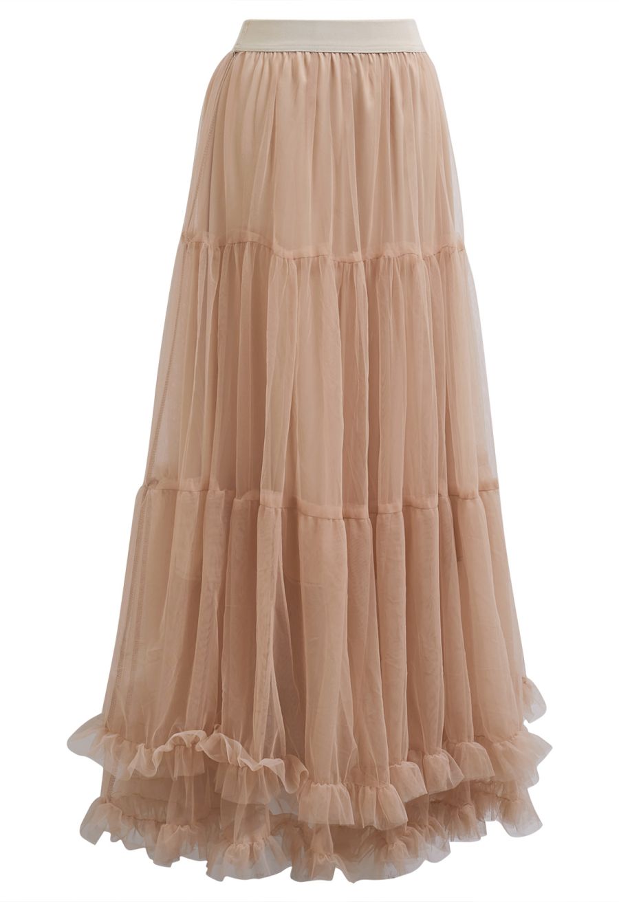 Dreamlike Tiered Ruffle Hem Mesh Tulle Skirt in Tan