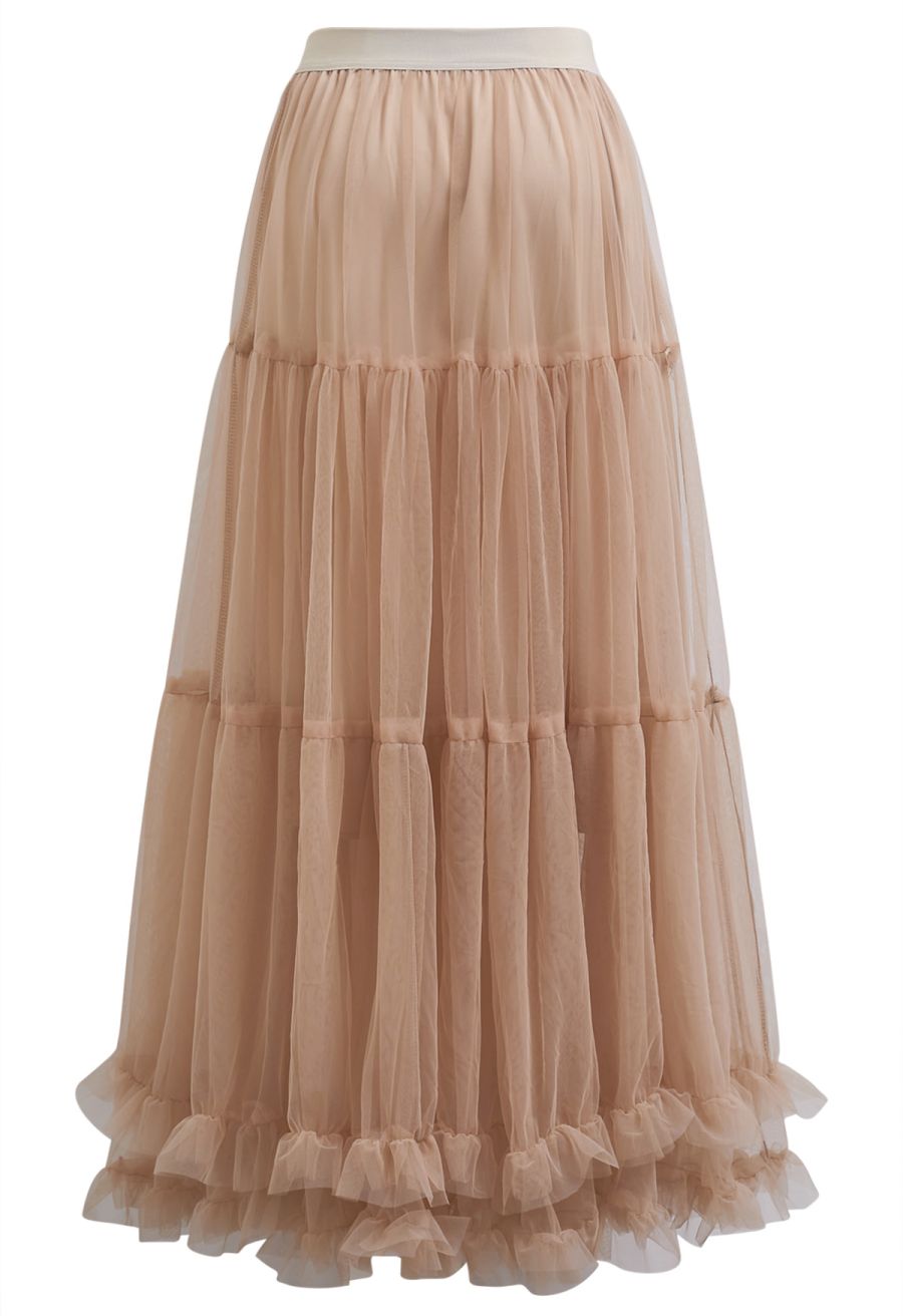 Dreamlike Tiered Ruffle Hem Mesh Tulle Skirt in Tan