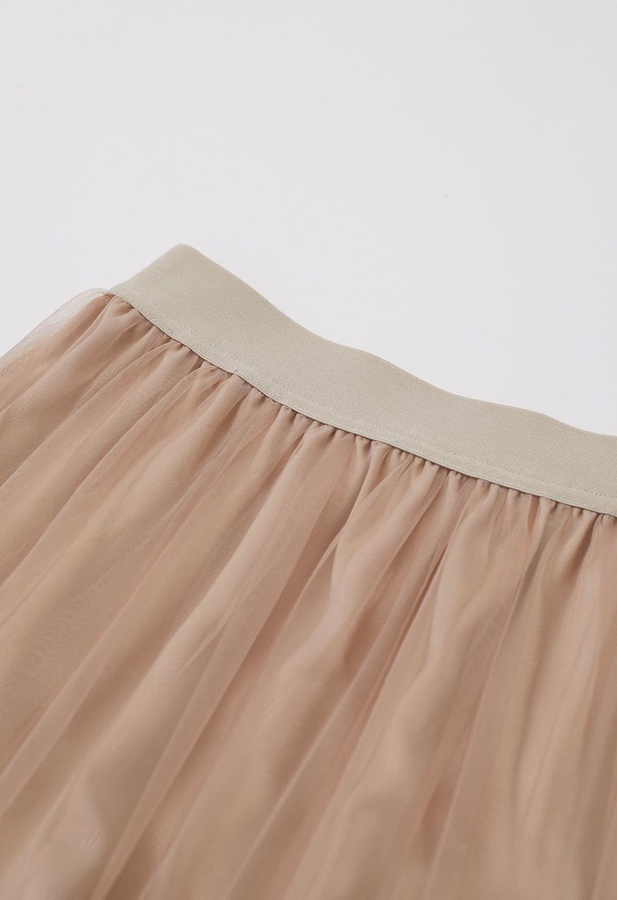 Dreamlike Tiered Ruffle Hem Mesh Tulle Skirt in Tan