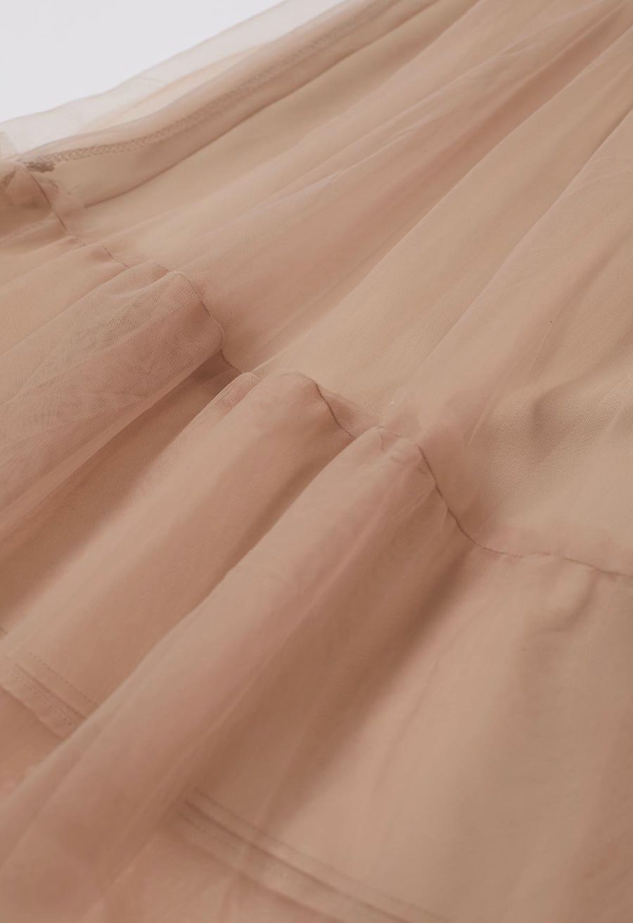 Dreamlike Tiered Ruffle Hem Mesh Tulle Skirt in Tan