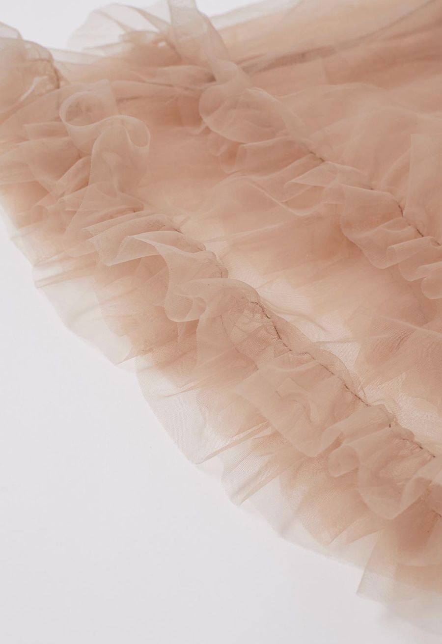 Dreamlike Tiered Ruffle Hem Mesh Tulle Skirt in Tan