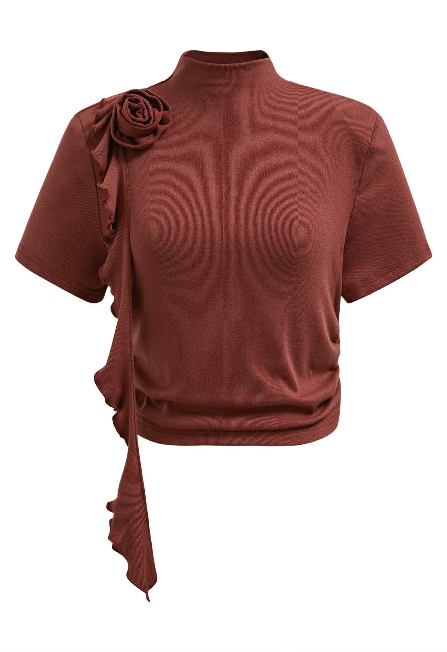 3D Rose Mock Neck Side Ruched Top in Burgundy