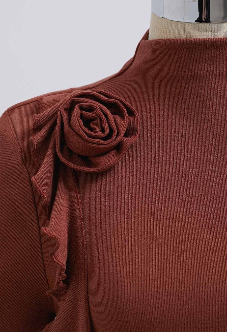3D Rose Mock Neck Side Ruched Top in Burgundy