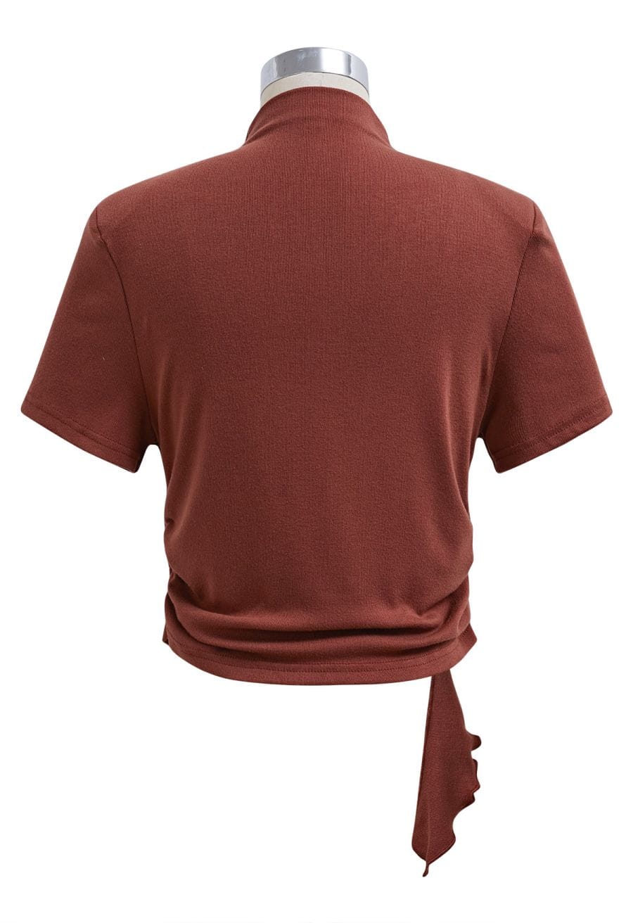 3D Rose Mock Neck Side Ruched Top in Burgundy