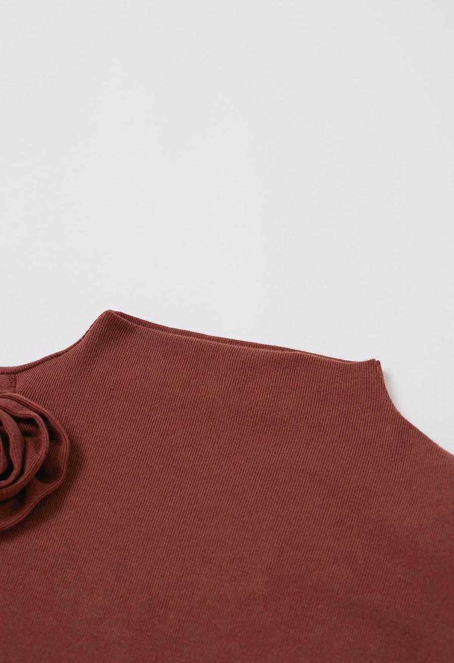 3D Rose Mock Neck Side Ruched Top in Burgundy