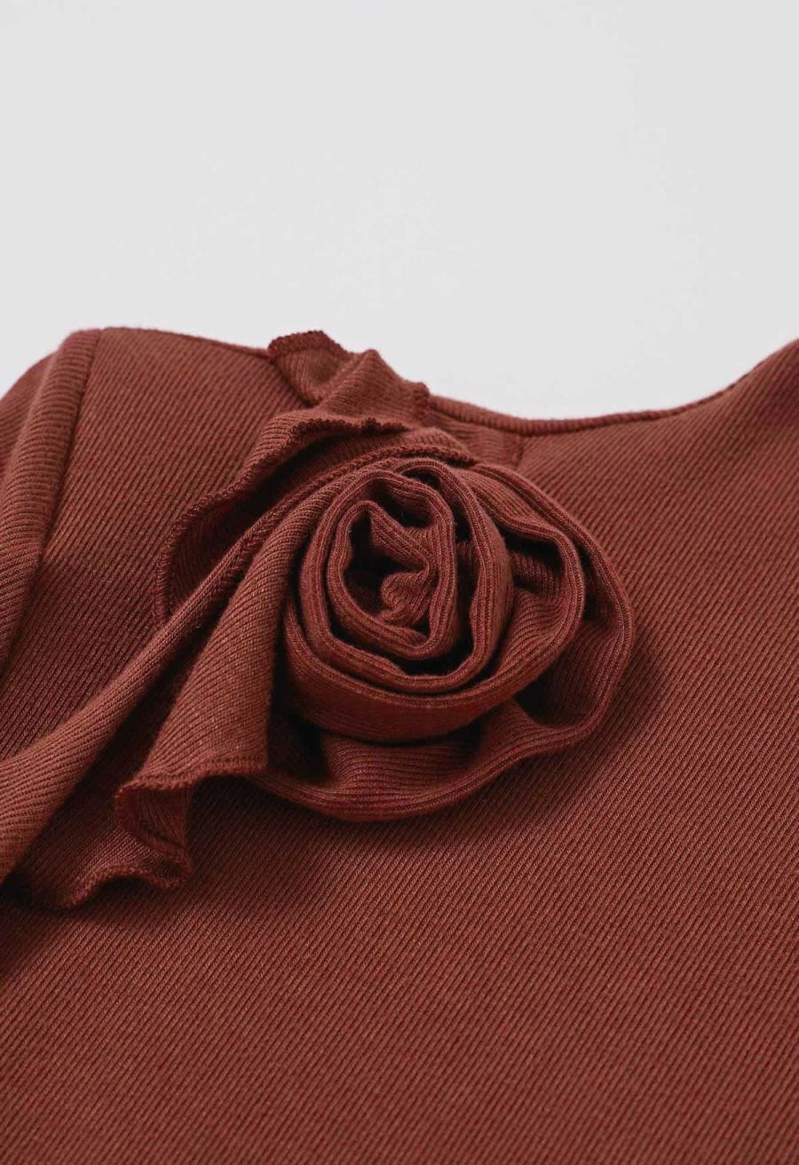 3D Rose Mock Neck Side Ruched Top in Burgundy