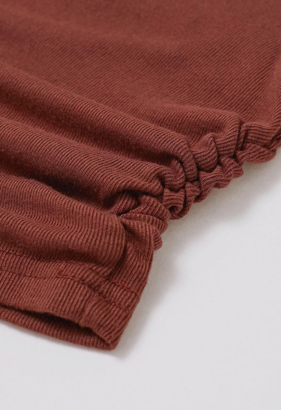3D Rose Mock Neck Side Ruched Top in Burgundy