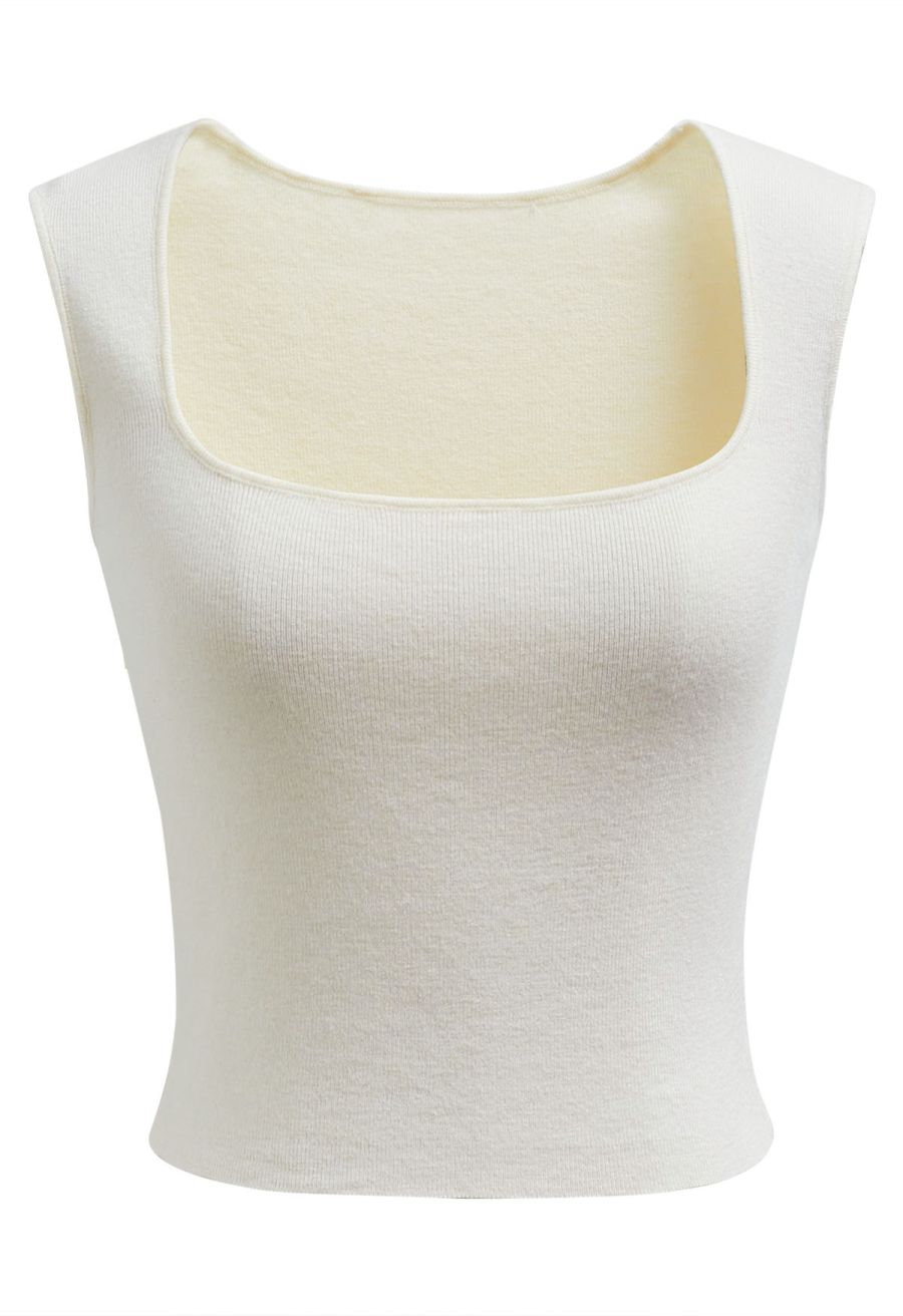 Square Neck Knit Tank Top in Cream