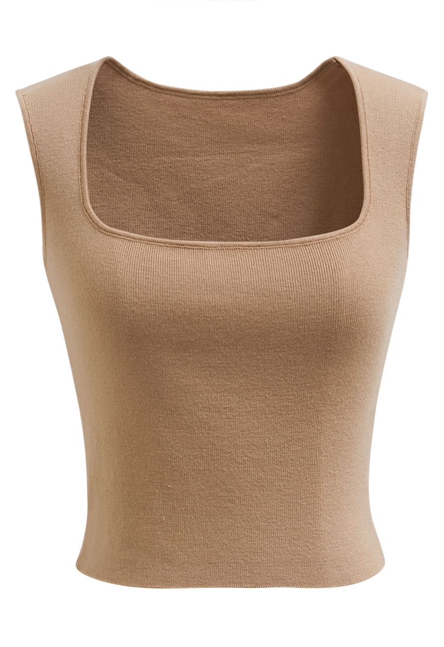 Square Neck Knit Tank Top in Tan