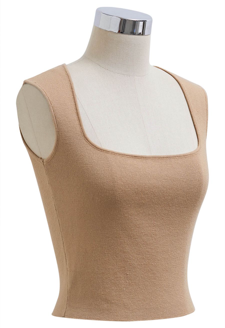 Square Neck Knit Tank Top in Tan