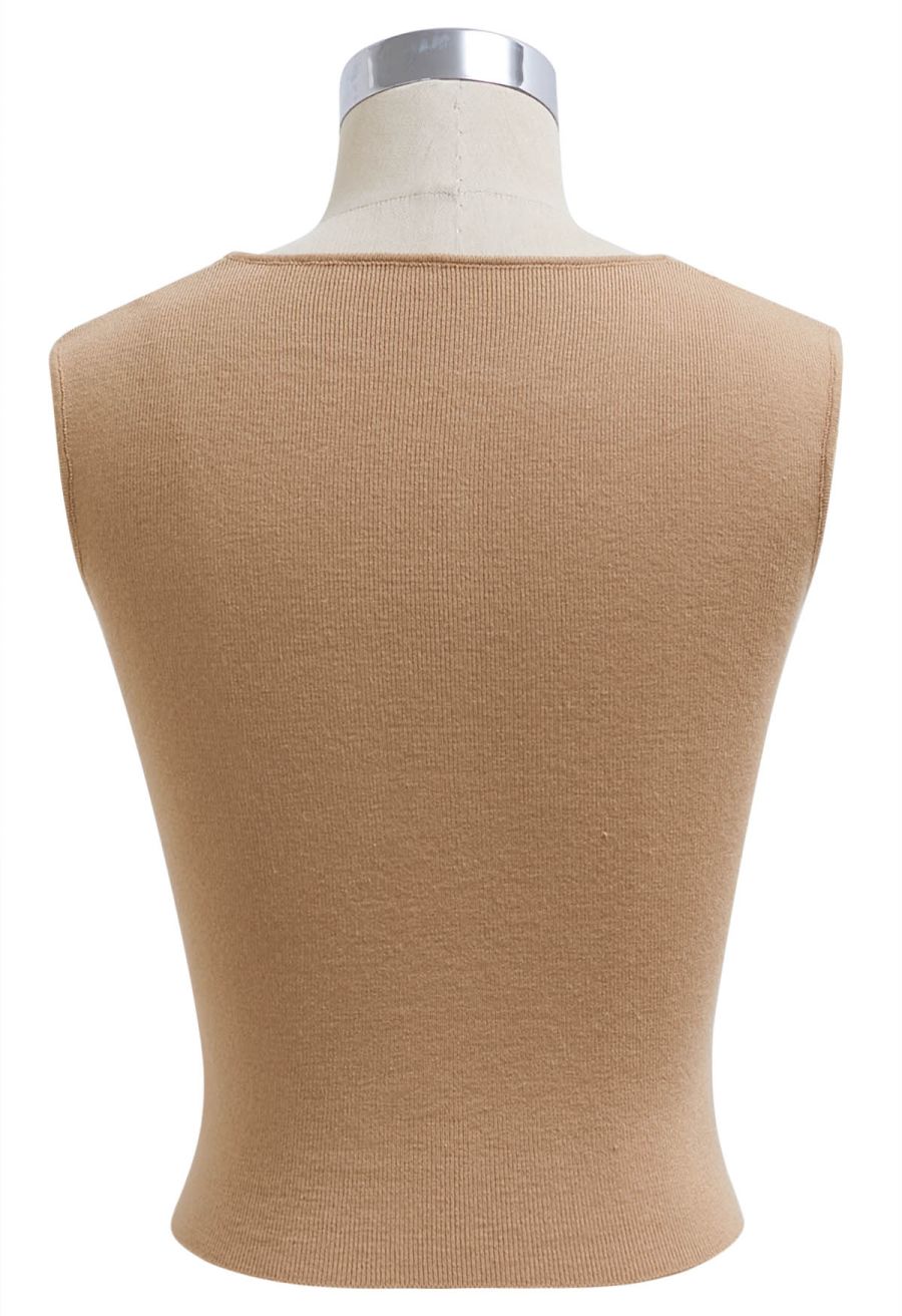 Square Neck Knit Tank Top in Tan
