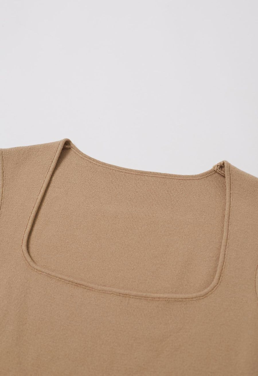 Square Neck Knit Tank Top in Tan