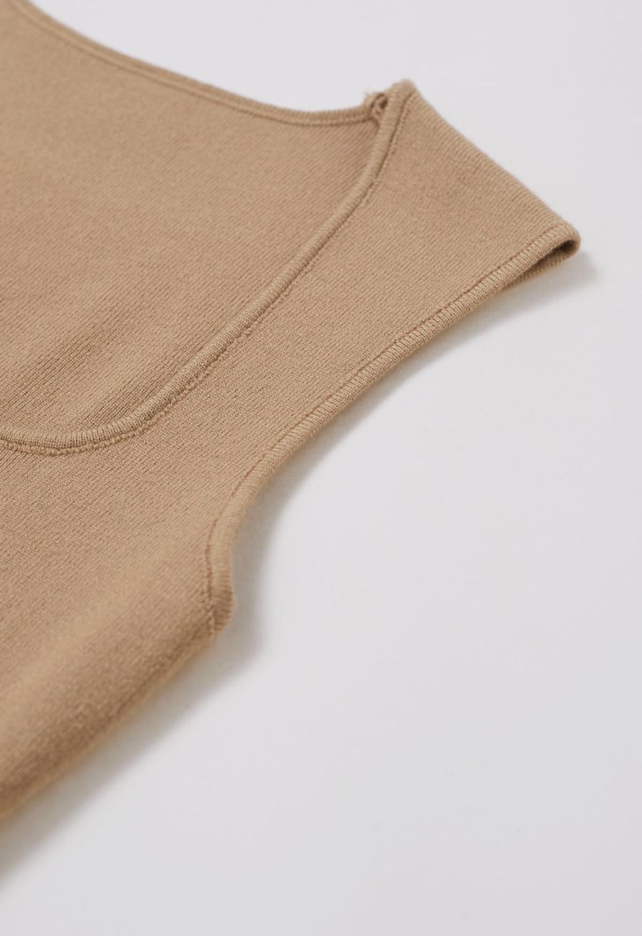 Square Neck Knit Tank Top in Tan