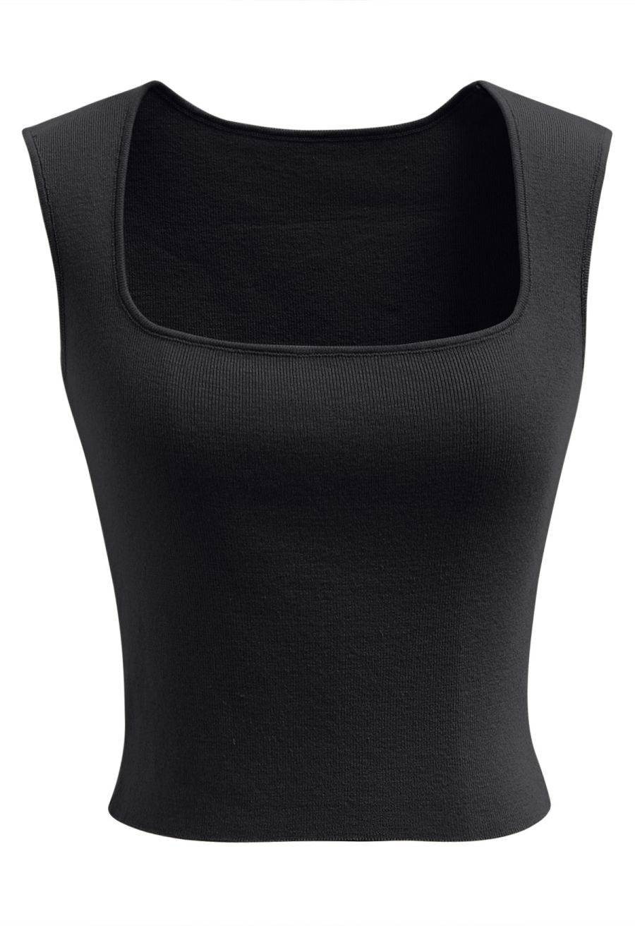 Square Neck Knit Tank Top in Black