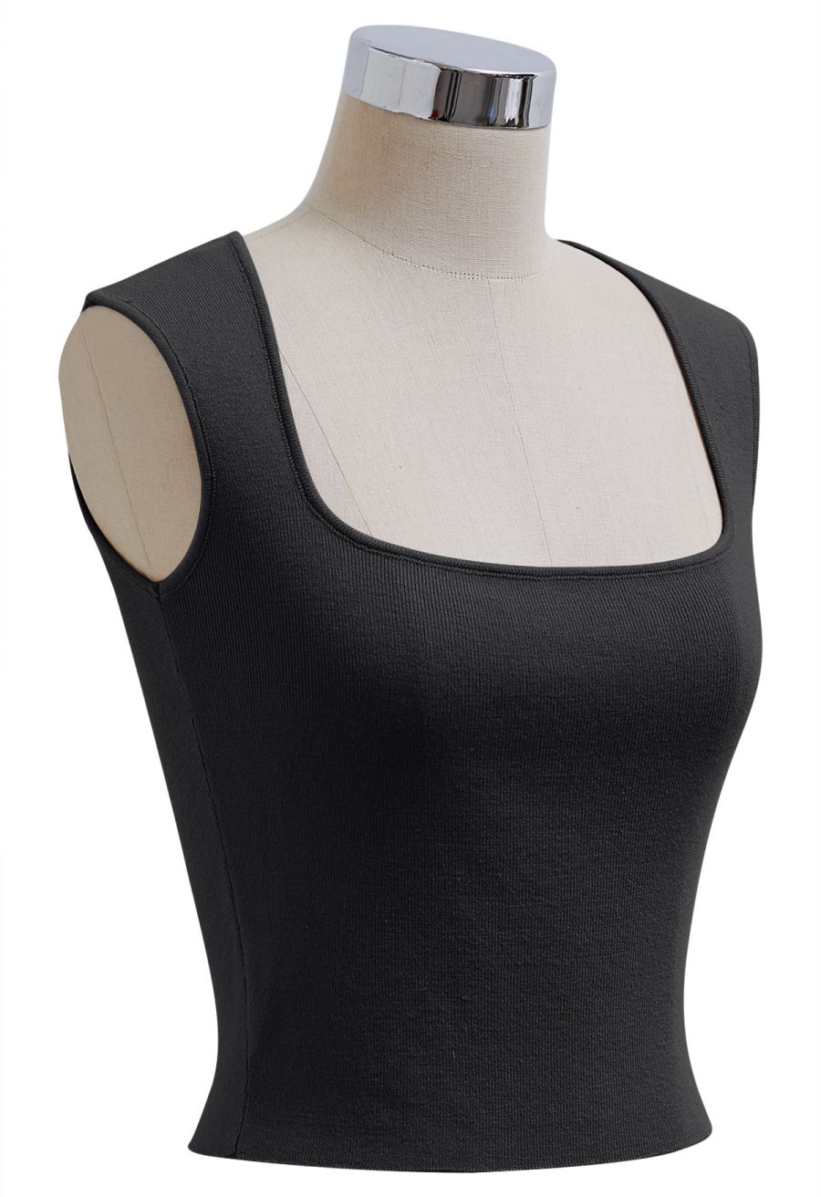 Square Neck Knit Tank Top in Black