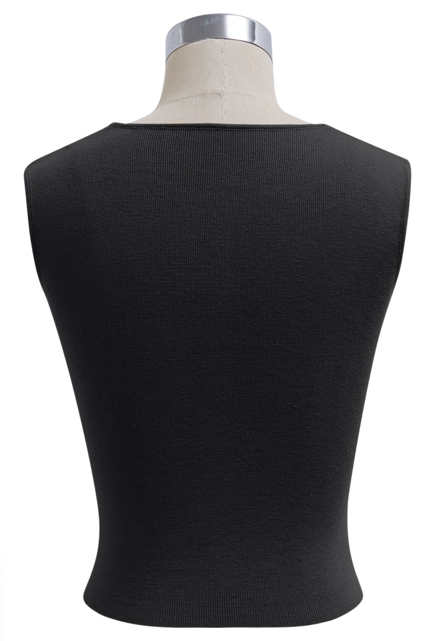 Square Neck Knit Tank Top in Black
