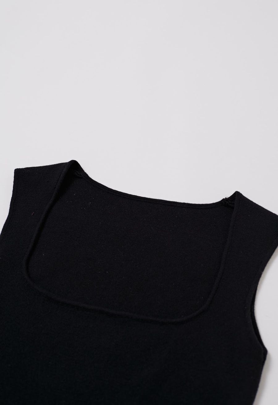 Square Neck Knit Tank Top in Black