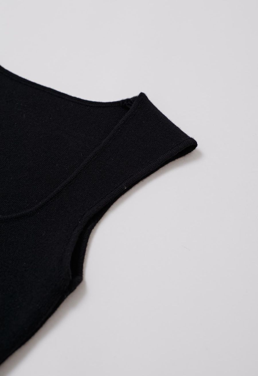 Square Neck Knit Tank Top in Black