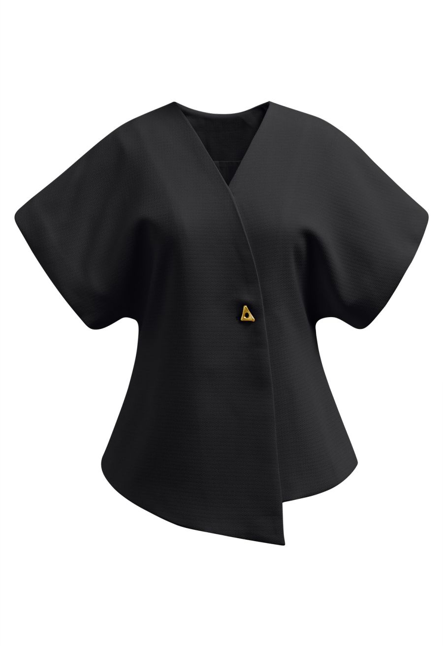 Triangle Button V-Neck Batwing Sleeve Top in Black