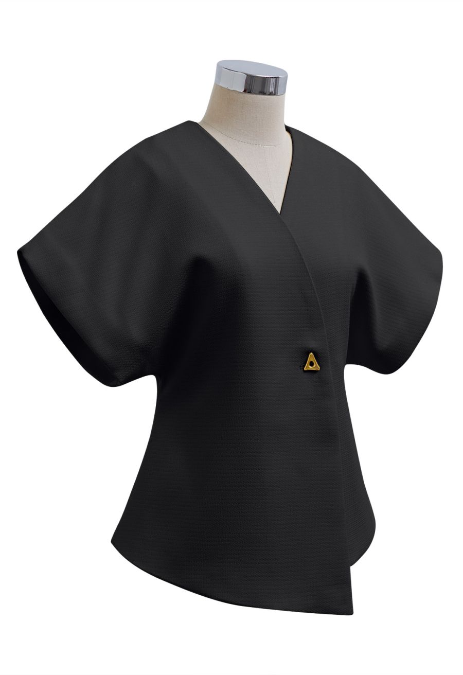 Triangle Button V-Neck Batwing Sleeve Top in Black