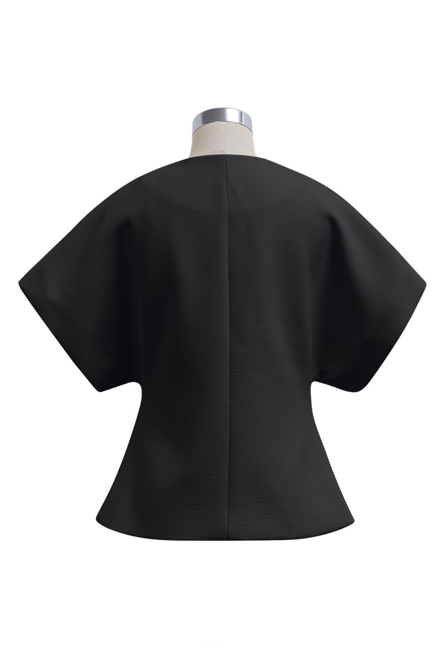 Triangle Button V-Neck Batwing Sleeve Top in Black