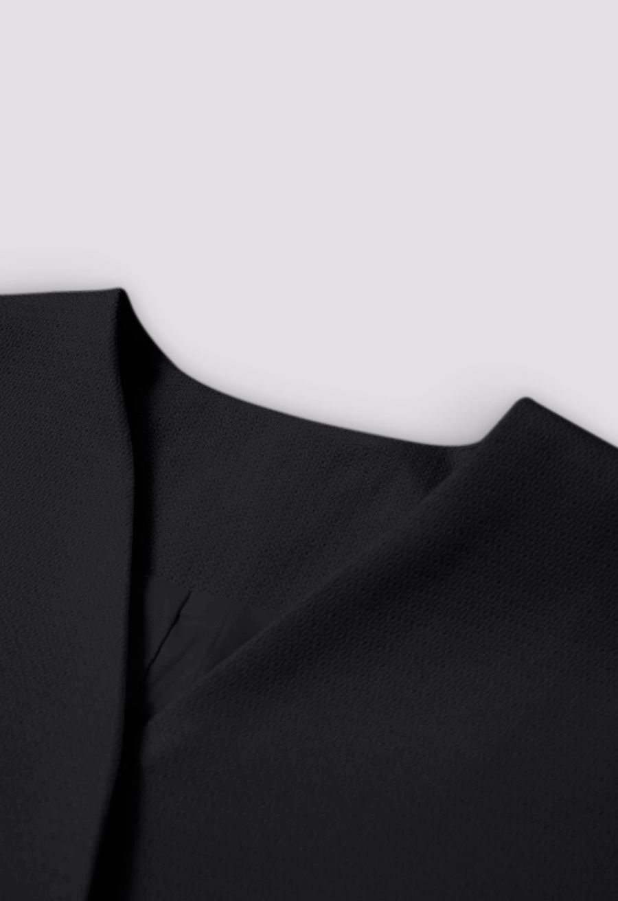 Triangle Button V-Neck Batwing Sleeve Top in Black