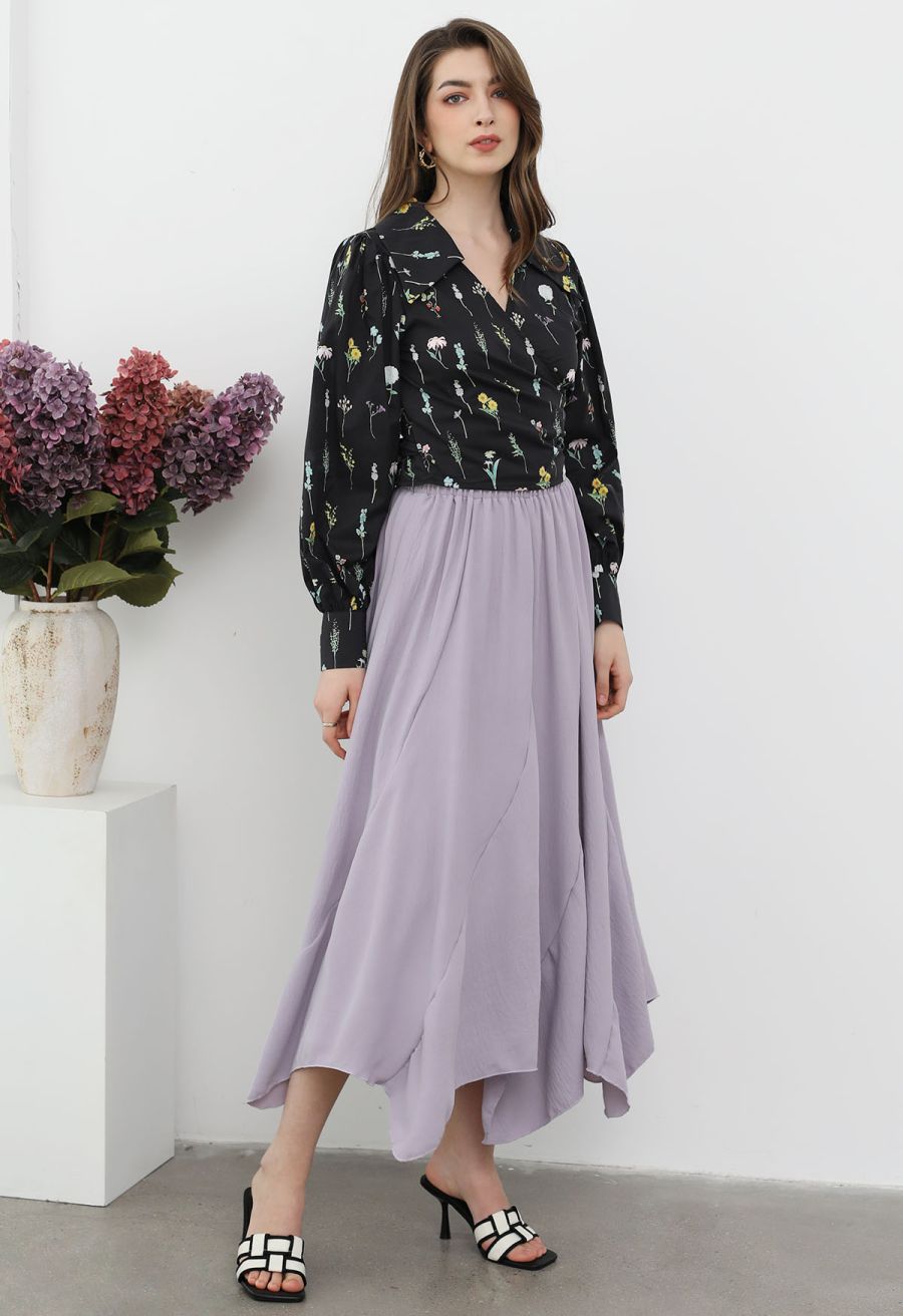Botanical Garden Self-Tie Wrap Crop Shirt in Black
