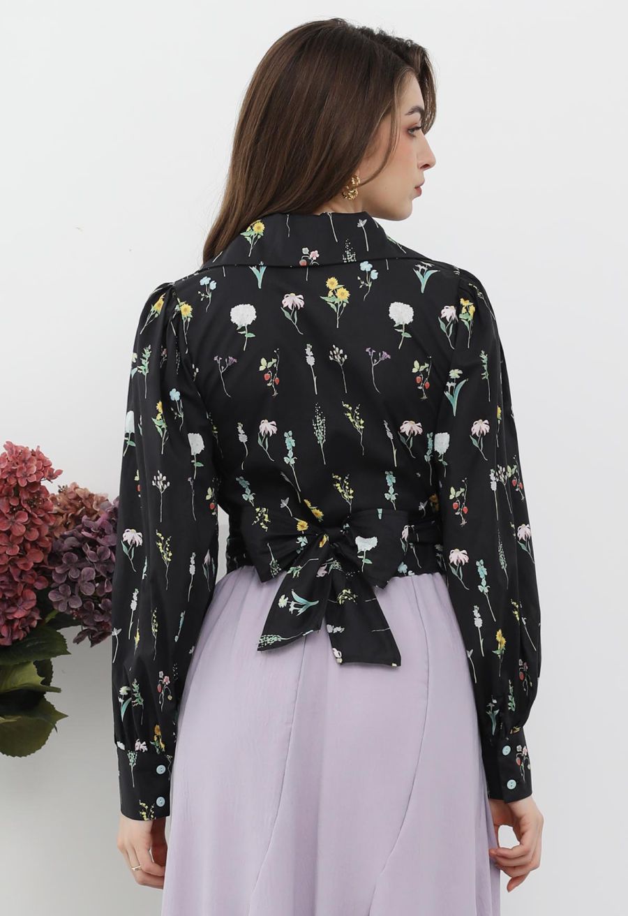 Botanical Garden Self-Tie Wrap Crop Shirt in Black