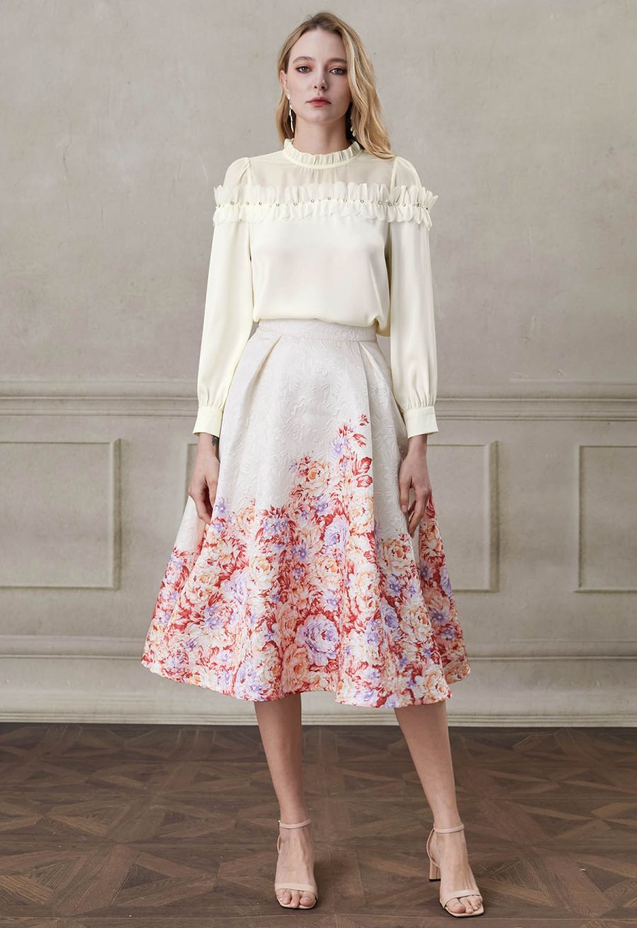 Rhinestone 3D Flowers Organza Spliced Satin Top in Cream