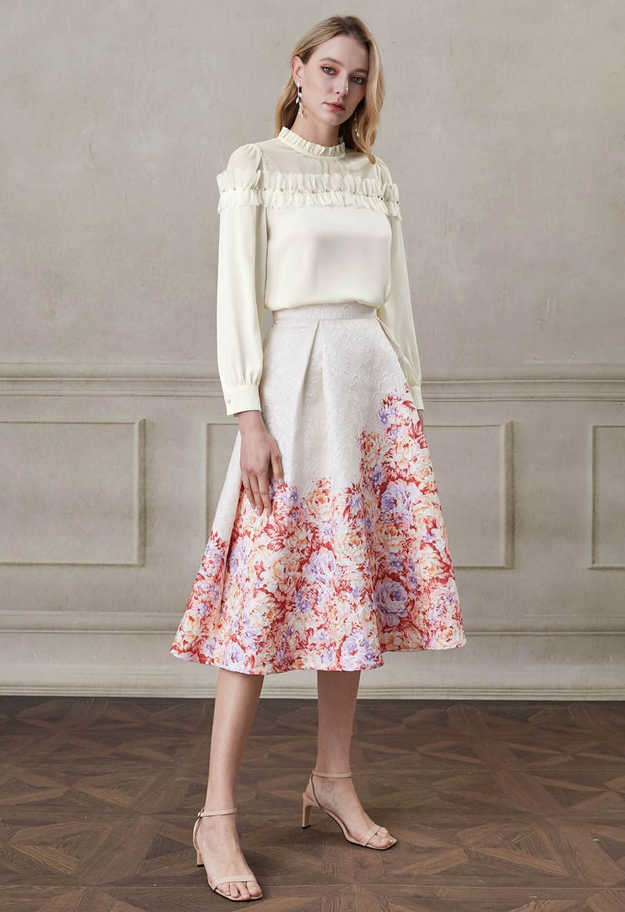 Rhinestone 3D Flowers Organza Spliced Satin Top in Cream