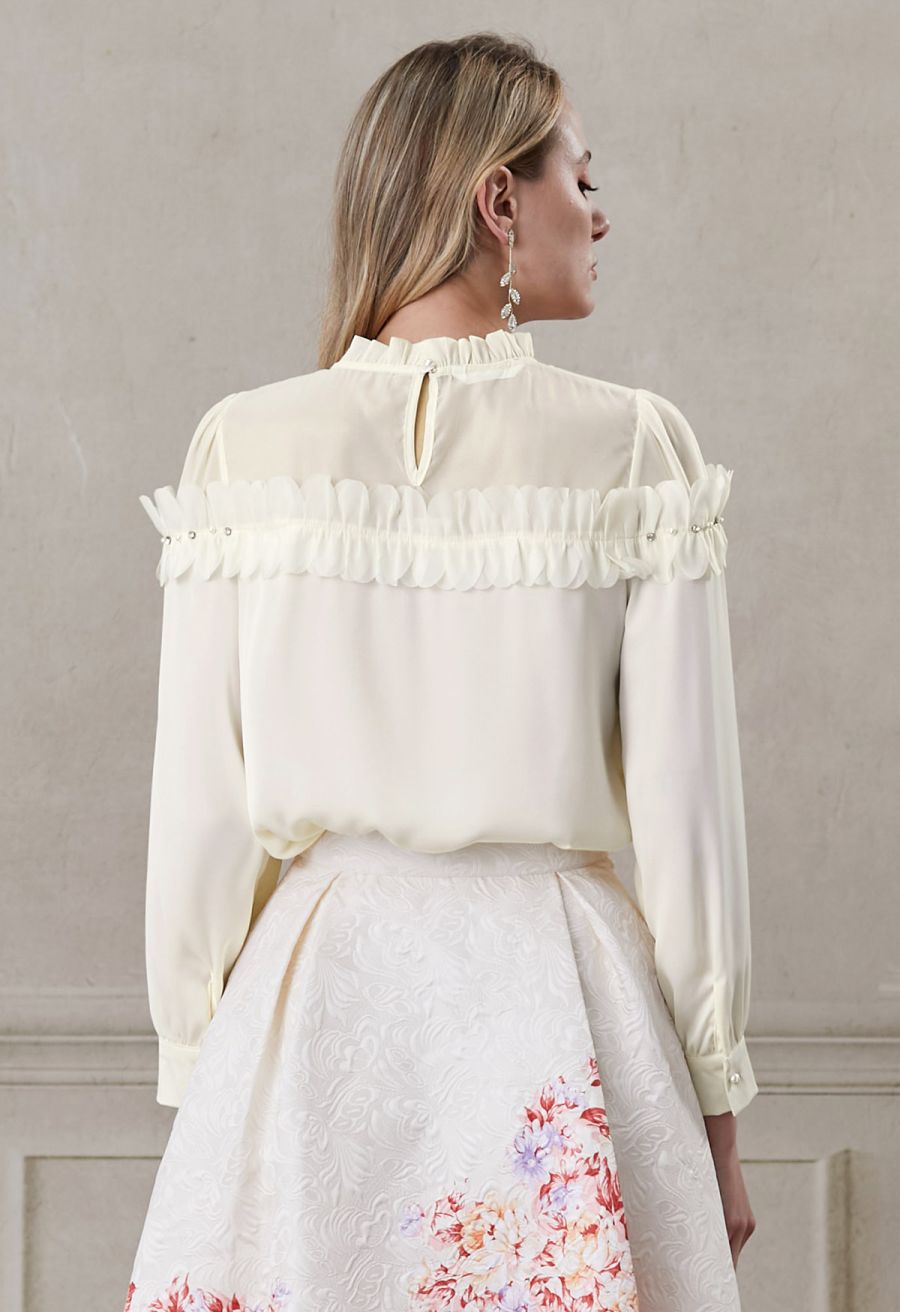 Rhinestone 3D Flowers Organza Spliced Satin Top in Cream