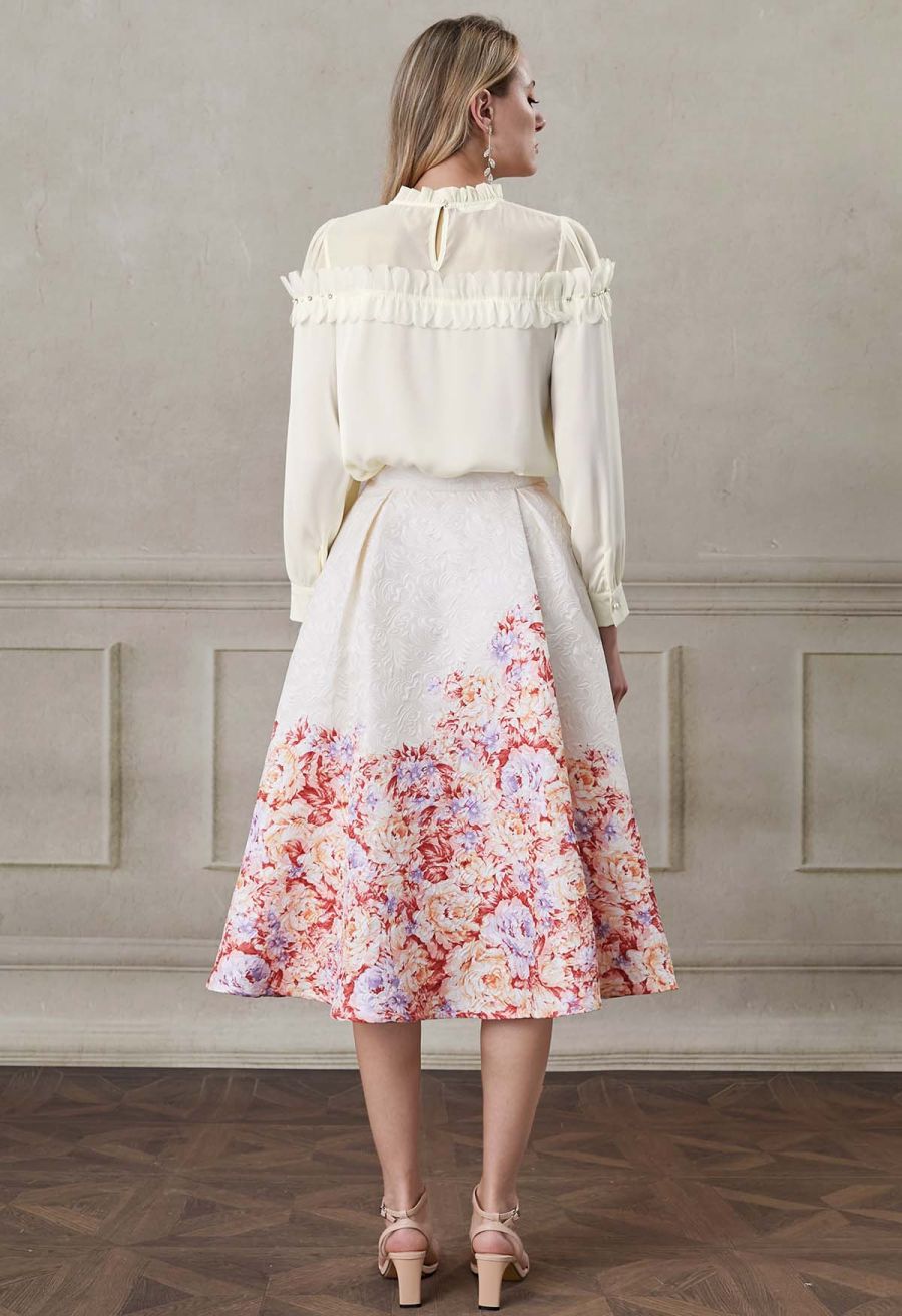 Rhinestone 3D Flowers Organza Spliced Satin Top in Cream