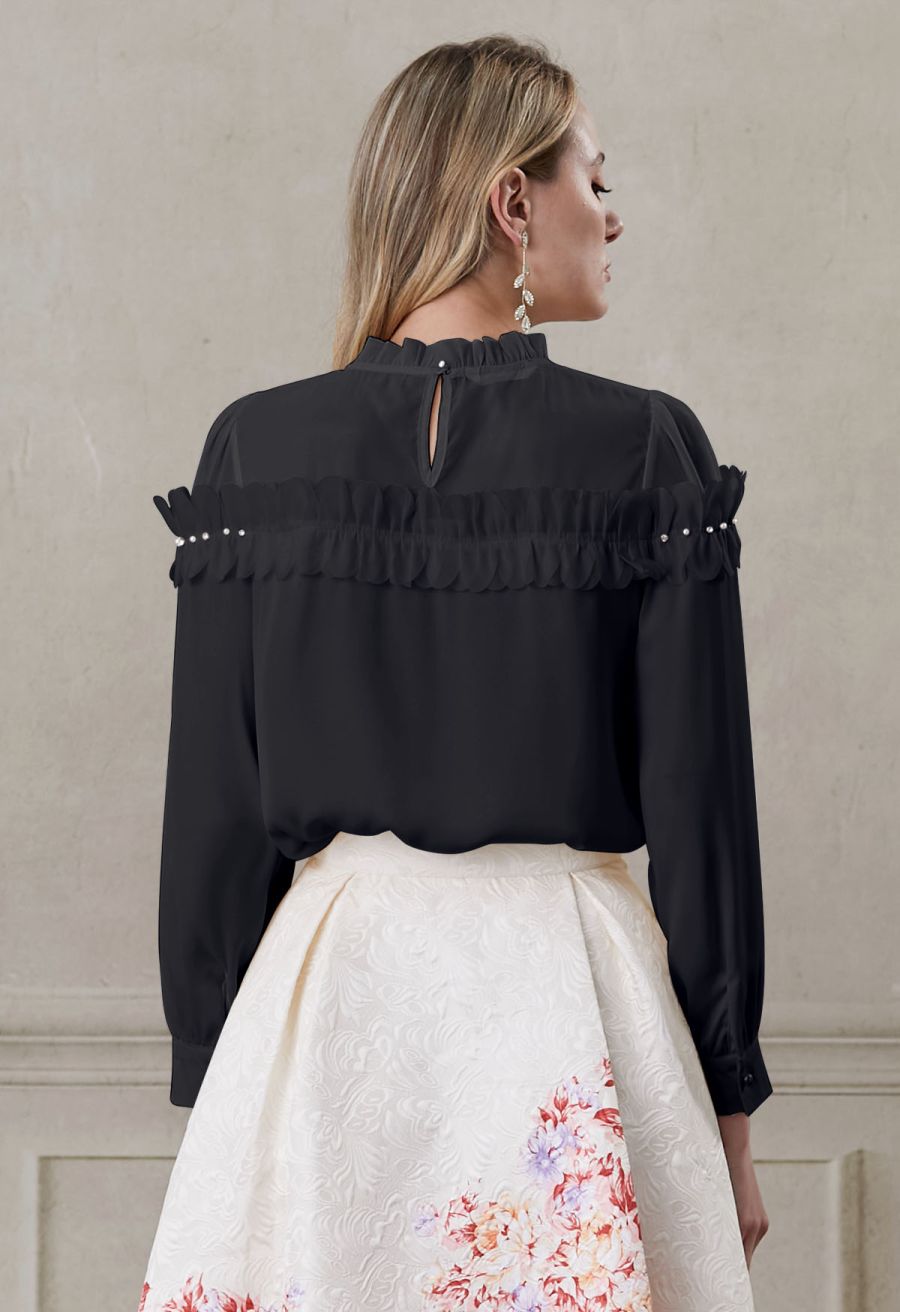 Rhinestone 3D Flowers Organza Spliced Satin Top in Black