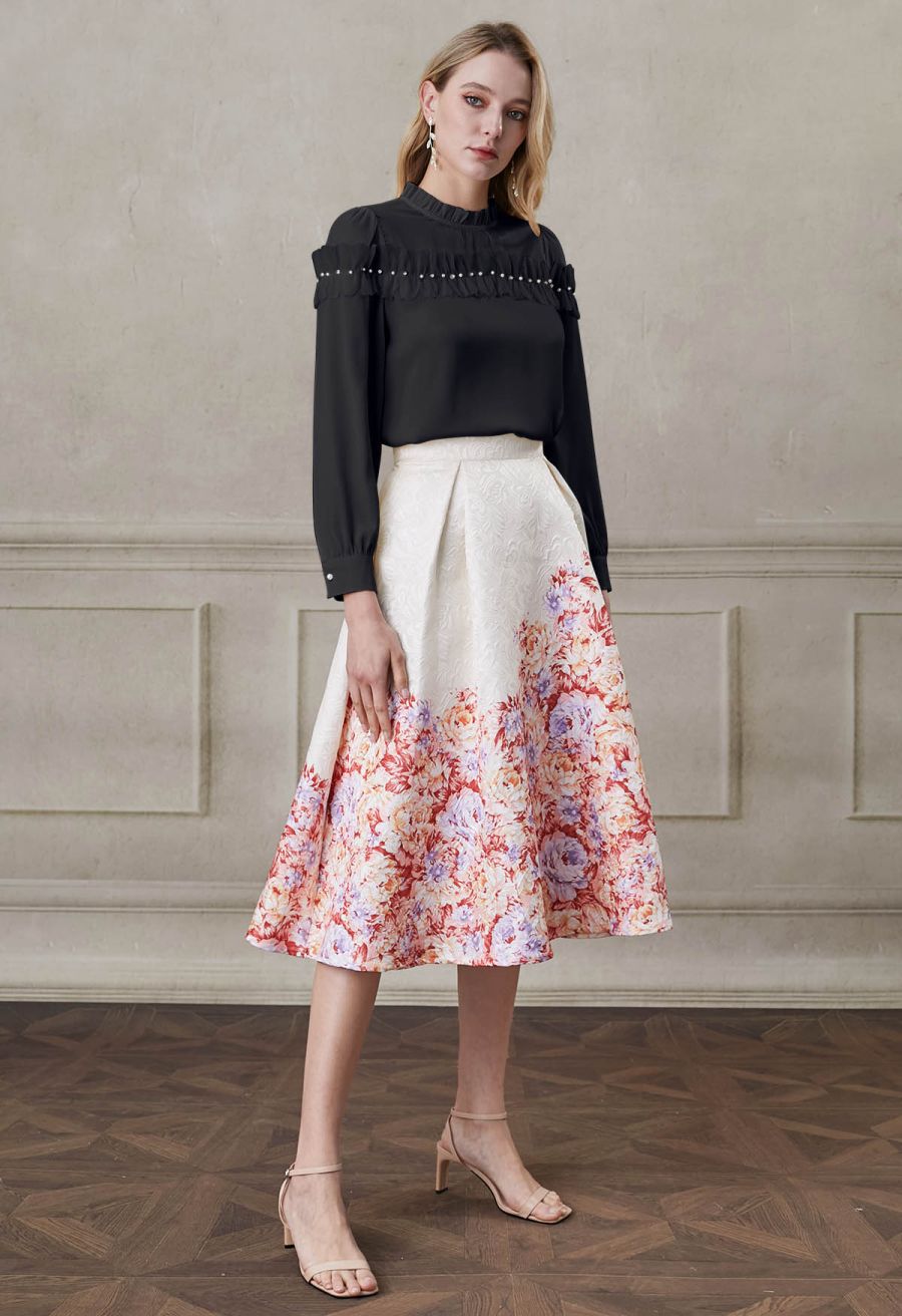 Rhinestone 3D Flowers Organza Spliced Satin Top in Black