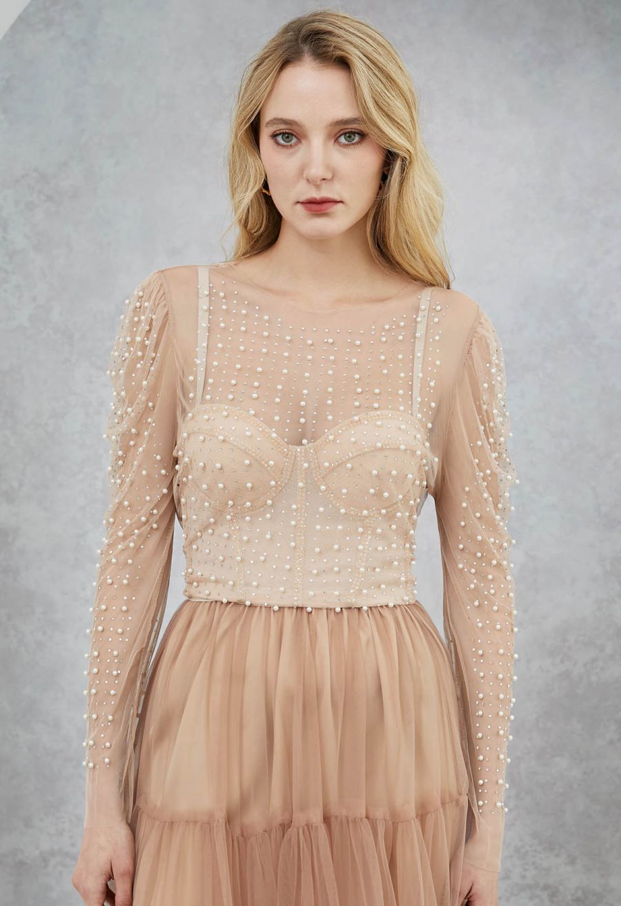 Puff Sleeve Pearl Embellished Sheer Mesh Crop Top in Tan