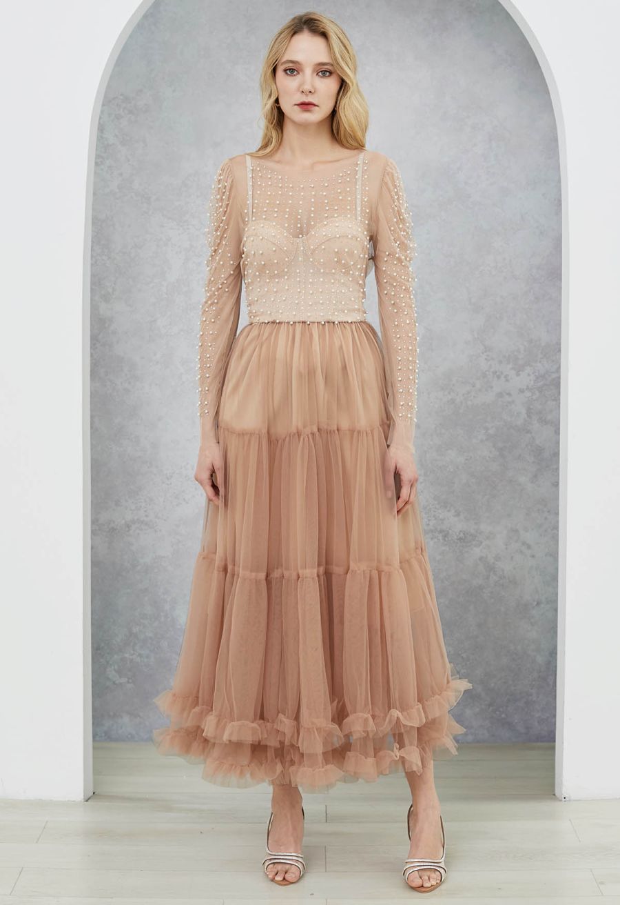 Puff Sleeve Pearl Embellished Sheer Mesh Crop Top in Tan
