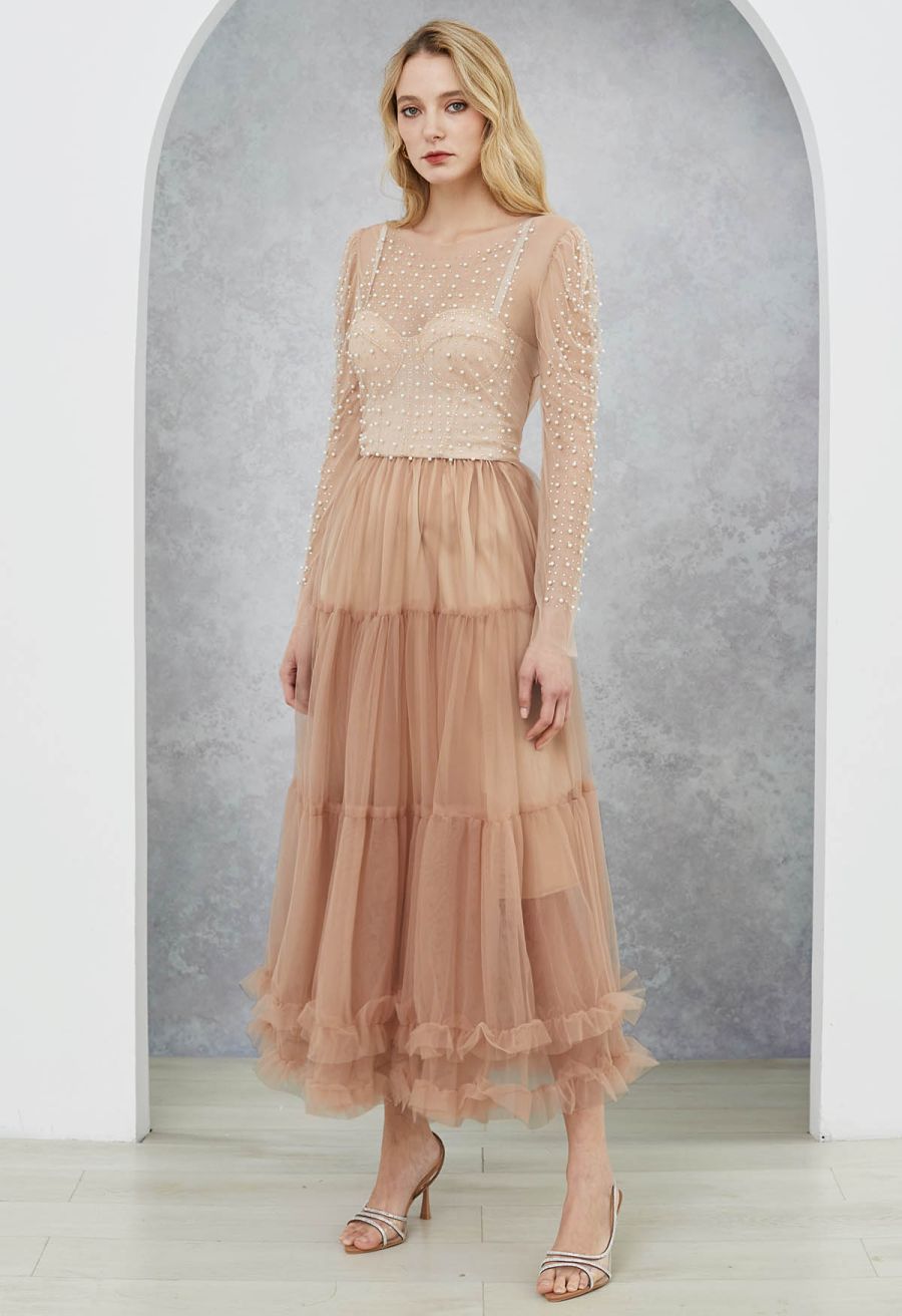 Puff Sleeve Pearl Embellished Sheer Mesh Crop Top in Tan