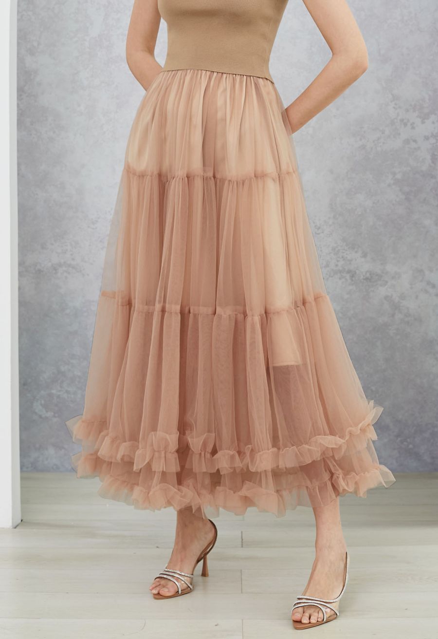 Dreamlike Tiered Ruffle Hem Mesh Tulle Skirt in Tan