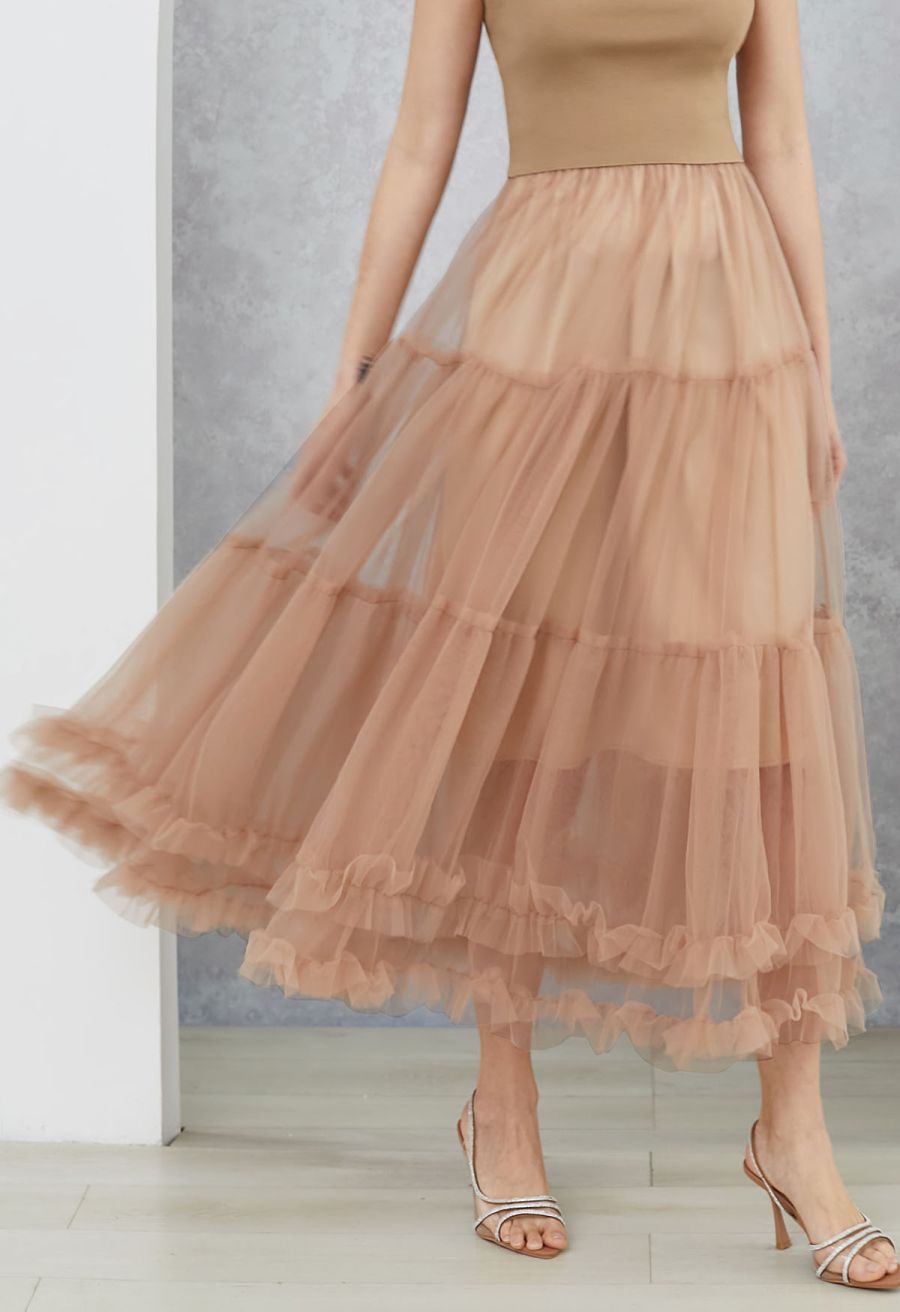 Dreamlike Tiered Ruffle Hem Mesh Tulle Skirt in Tan