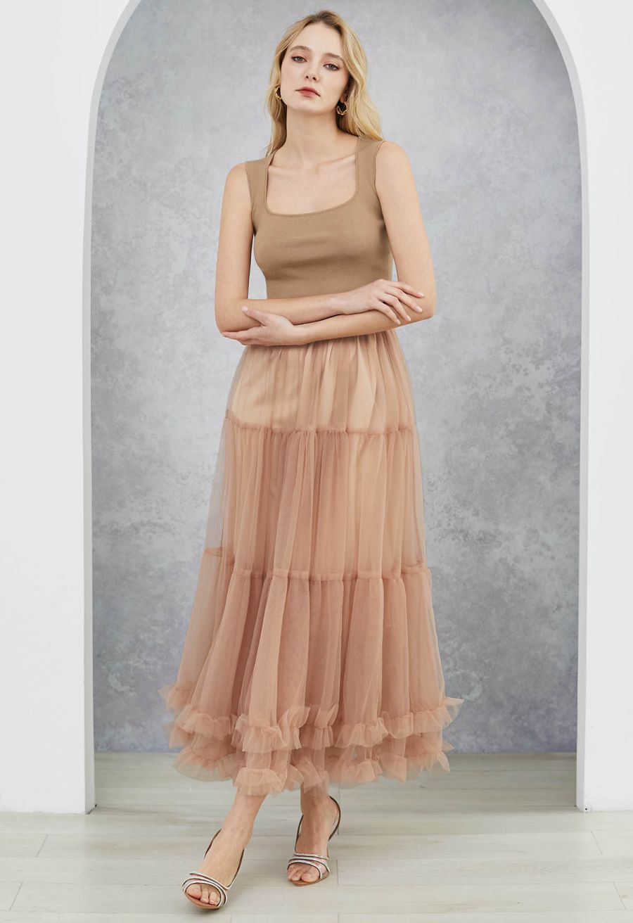 Square Neck Knit Tank Top in Tan