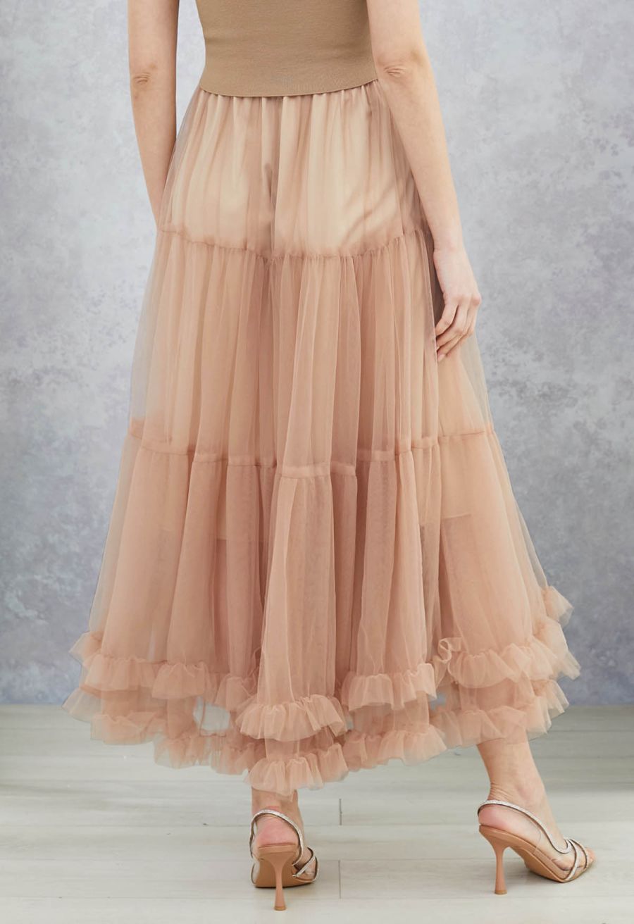 Dreamlike Tiered Ruffle Hem Mesh Tulle Skirt in Tan