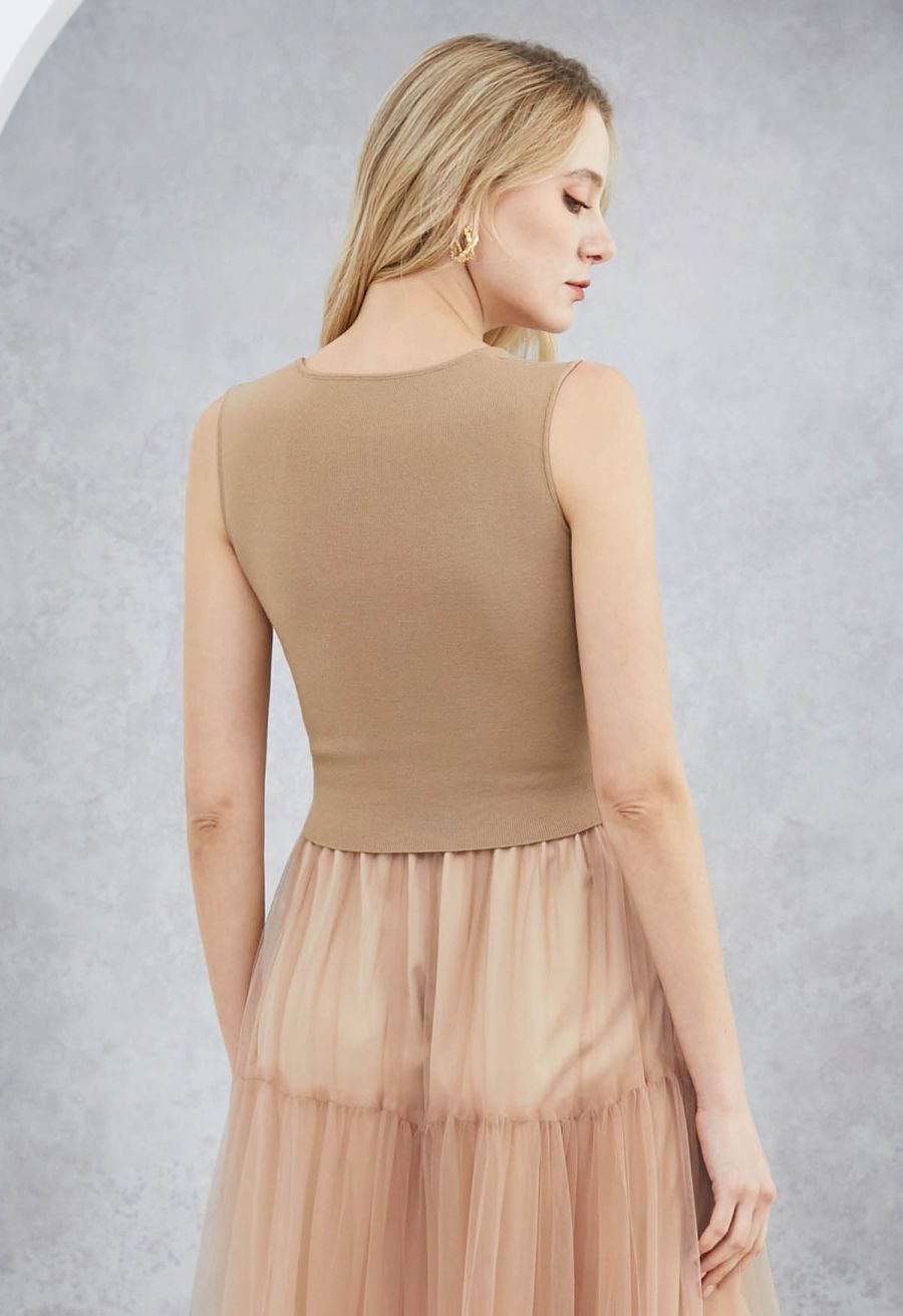 Square Neck Knit Tank Top in Tan
