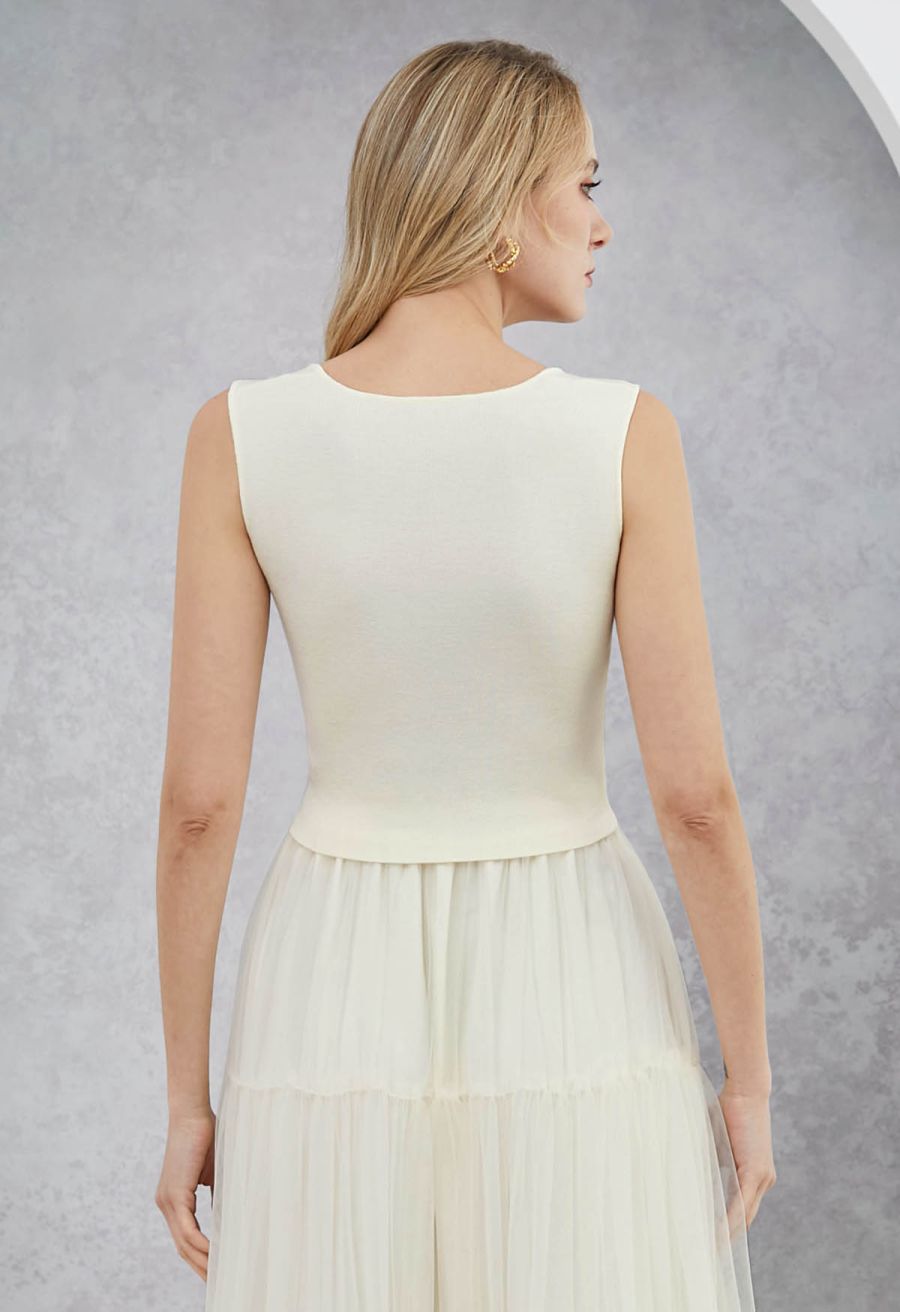 Square Neck Knit Tank Top in Cream