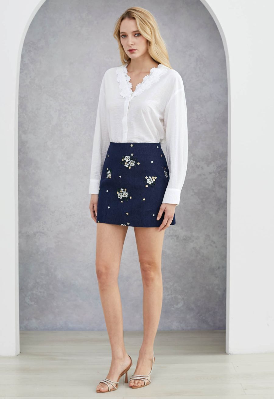 Lace Crochet Trim V-Neck Buttoned Shirt
