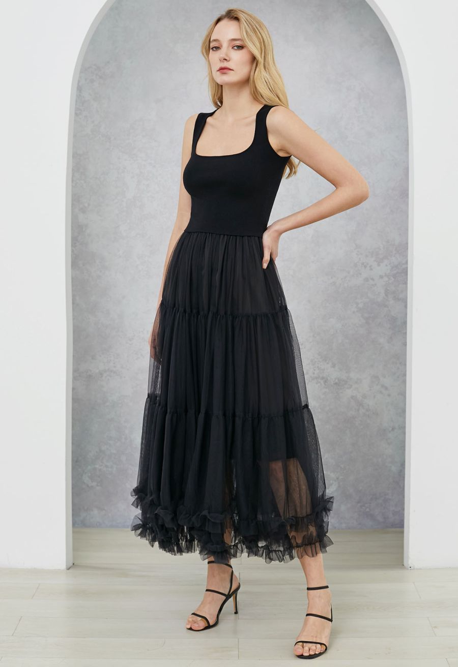 Square Neck Knit Tank Top in Black