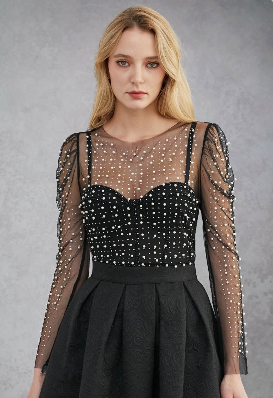 Puff Sleeve Pearl Embellished Sheer Mesh Crop Top in Black